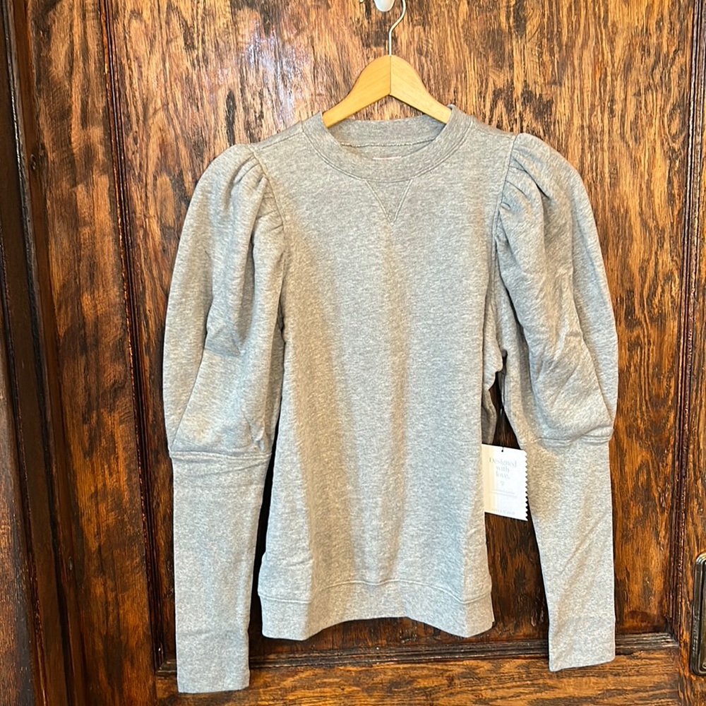 Stella & dot grey puff sleeve grey crew neck sweatshirt size xs extra small